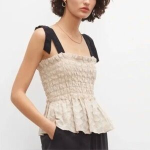 Club Monaco Smocked Peplum Top Beige Black Square Neck Feminine Coquette Size M